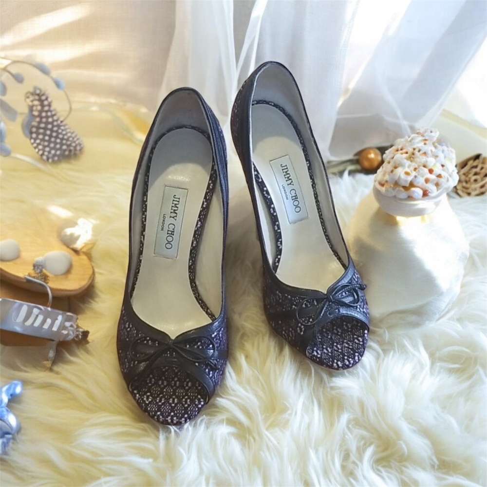 CLOSE OUT SALE Jimmy Choo Peep Toe Heels Like New Purple Black Tweed Size 39 - Picture 3 of 6